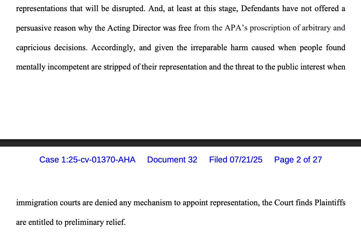 kyledcheney's tweet image. JUST IN: A federal judge rules that the Trump administration must reinstate a policy to provide lawyers to people who are deemed mentally incompetent in deportation proceedings.
It was terminated without a legally persuasive reason, Judge Ali finds. ecf.dcd.uscourts.gov/doc1/045111516…