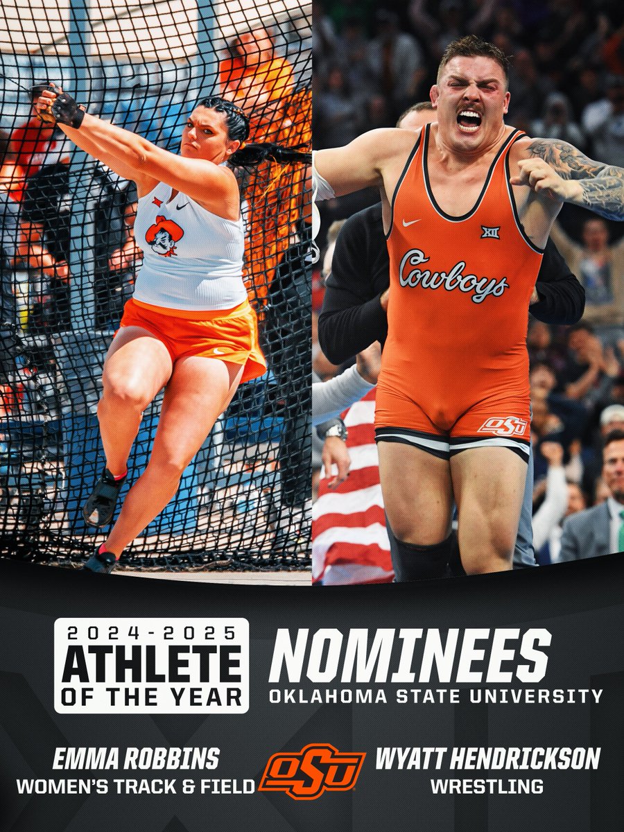 Big12Conference's tweet image. 2024-25 Big 12 Athlete of the Year Nominees: Oklahoma State University Cowboys & Cowgirls
⭐️ Emma Robbins | @run4okstate
⭐️ Wyatt Hendrickson | @CowboyWrestling