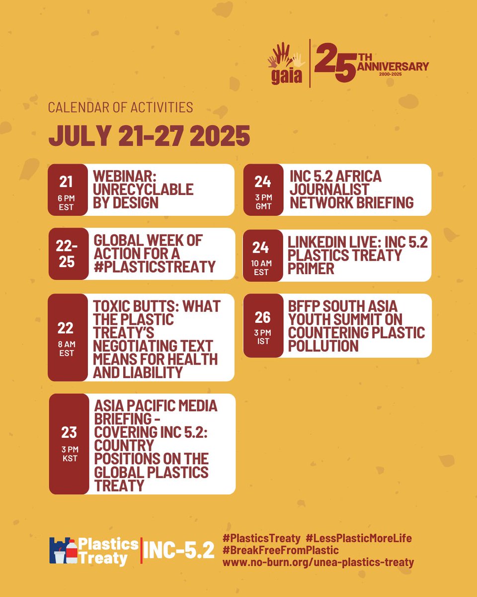 🗓️Every event you need to know this week

From calls to action to high-level briefings, here's a calendar of activities from GAIA and around the movement for a strong and ambitious #plasticstreaty.

Follow the thread for more info! #INC5_2