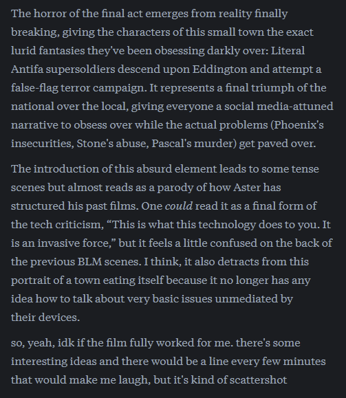 TNOQuoProQuid's tweet image. scatted thoughts on Eddington (2025), which i found myself liking parts of but not vibing with the overall whole
spoilers throughout