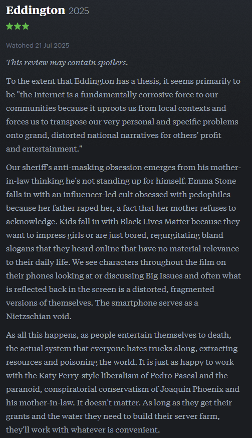 TNOQuoProQuid's tweet image. scatted thoughts on Eddington (2025), which i found myself liking parts of but not vibing with the overall whole
spoilers throughout