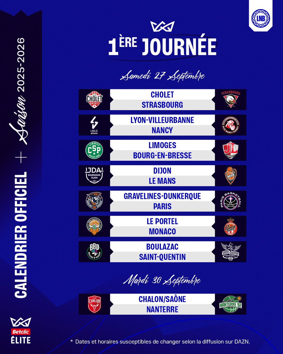 ⚡️ Un choc Limoges vs Bourg-en-Bresse pour lancer la saison !

🏆 Paris entamera la défense de sa couronne dans le Nord face à Gravelines-Dunkerque.

Le programme complet de la première journée 🍿

#BetclicELITE