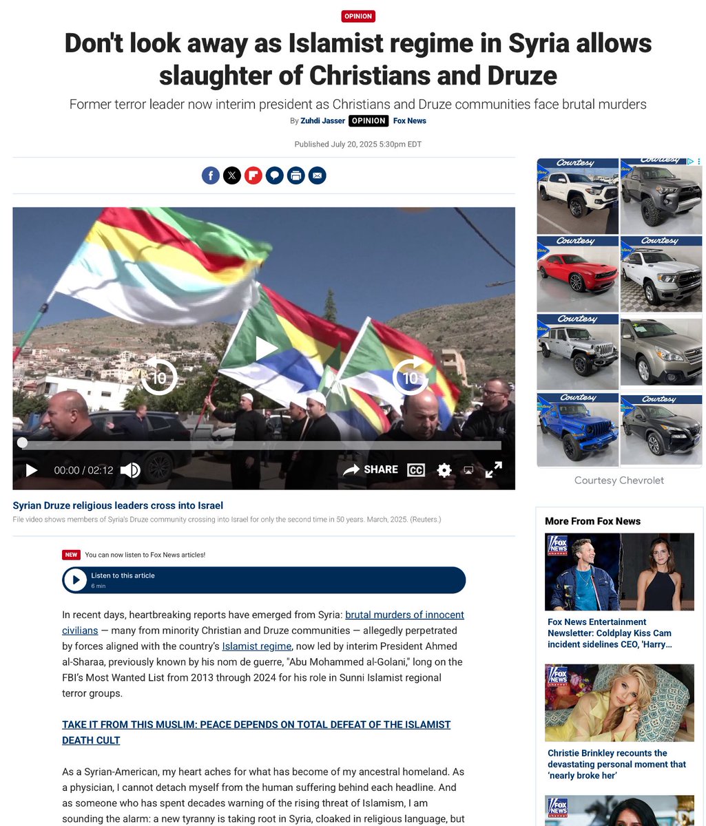 DrZuhdiJasser's tweet image. Today’s Read:
“Don’t look away as Islamist Regime in Syria allows Slaughter of Christians and Druze” — Islamist, former terror leader (Julani now Sharaa) interim Syrian president as Christians and Druze communities face brutal murders.
President Trump should immediately call…