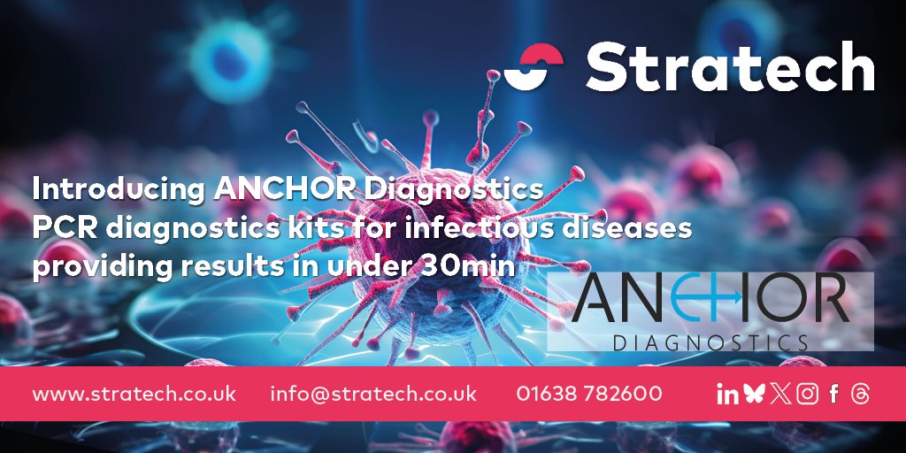 Stratech_UK's tweet image. Introducing #AnchorDx, #PCR #diagnostics kits for infectious diseases provide results in under 30min
They are compatible with a broad range of #qPCR instruments and NA extraction devices whilst seamlessly integrating into #diagnostics lab workflows.
🔗stratech.co.uk/our-partners/a…