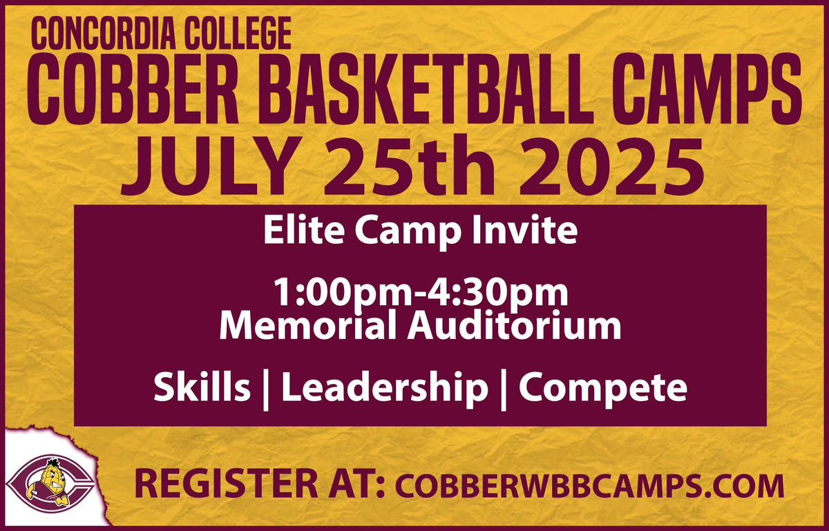 Can’t wait to welcome high school hoopers to campus and Memorial this FRIDAY! Elite Camp = compete, connect, &amp; get a true feel for Cobber WBB 🏀
🎯 Few spots left-don’t miss it! 
 #RollCobbs #EliteCamp 

cobberwbbcamps.com