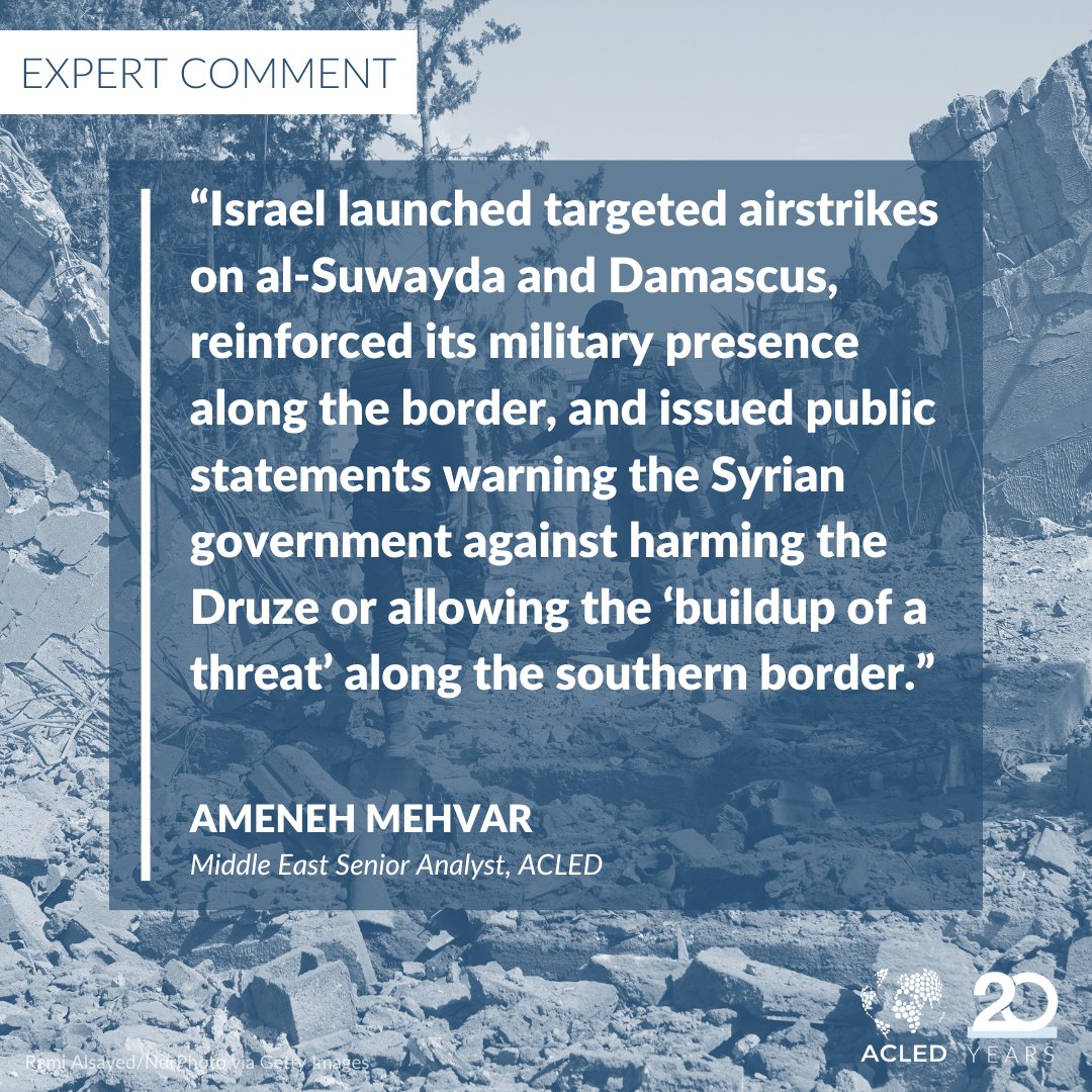 ACLEDINFO's tweet image. Israel’s 16 July strikes on al-Suwayda, Daraa, & Damascus mark a sharp escalation in its #Syria campaign. Between the fall of the Assad regime & last week’s strikes, ACLED records +280 instances of Israeli violence across Syria —140 in the south alone. 🔎 acleddata.com/2025/07/18/exp…