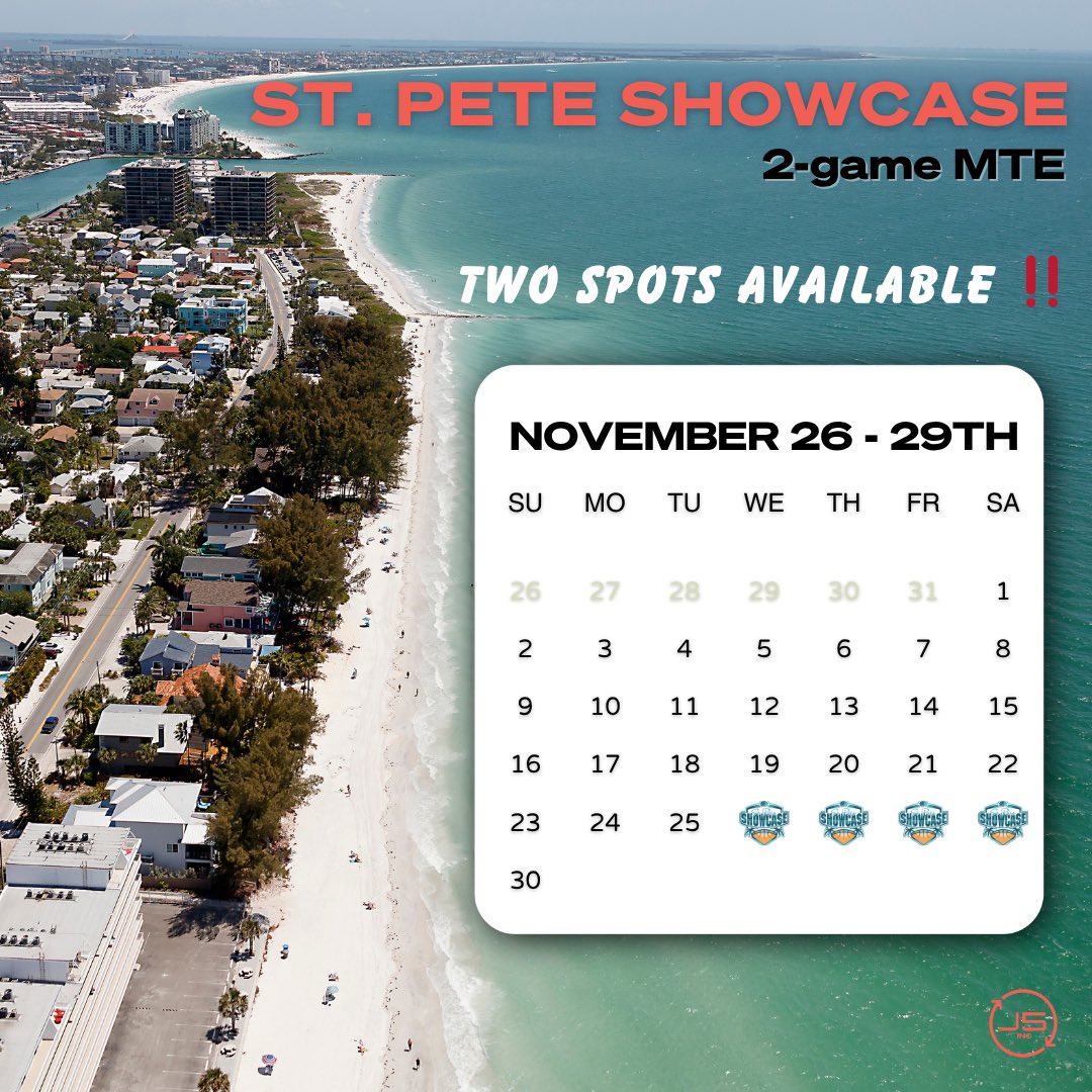 🚨Only 2️⃣ spots left our St. Pete Showcase‼️

🗓️ November 26–29
📍 St. Pete, FL | Eckerd College 
🏀 2-game MTE
⛹️‍♀️ Competitive games 
🏖️ Ocean views

#StPeteShowcase #wbb #ncaa #SportsTravelCulture