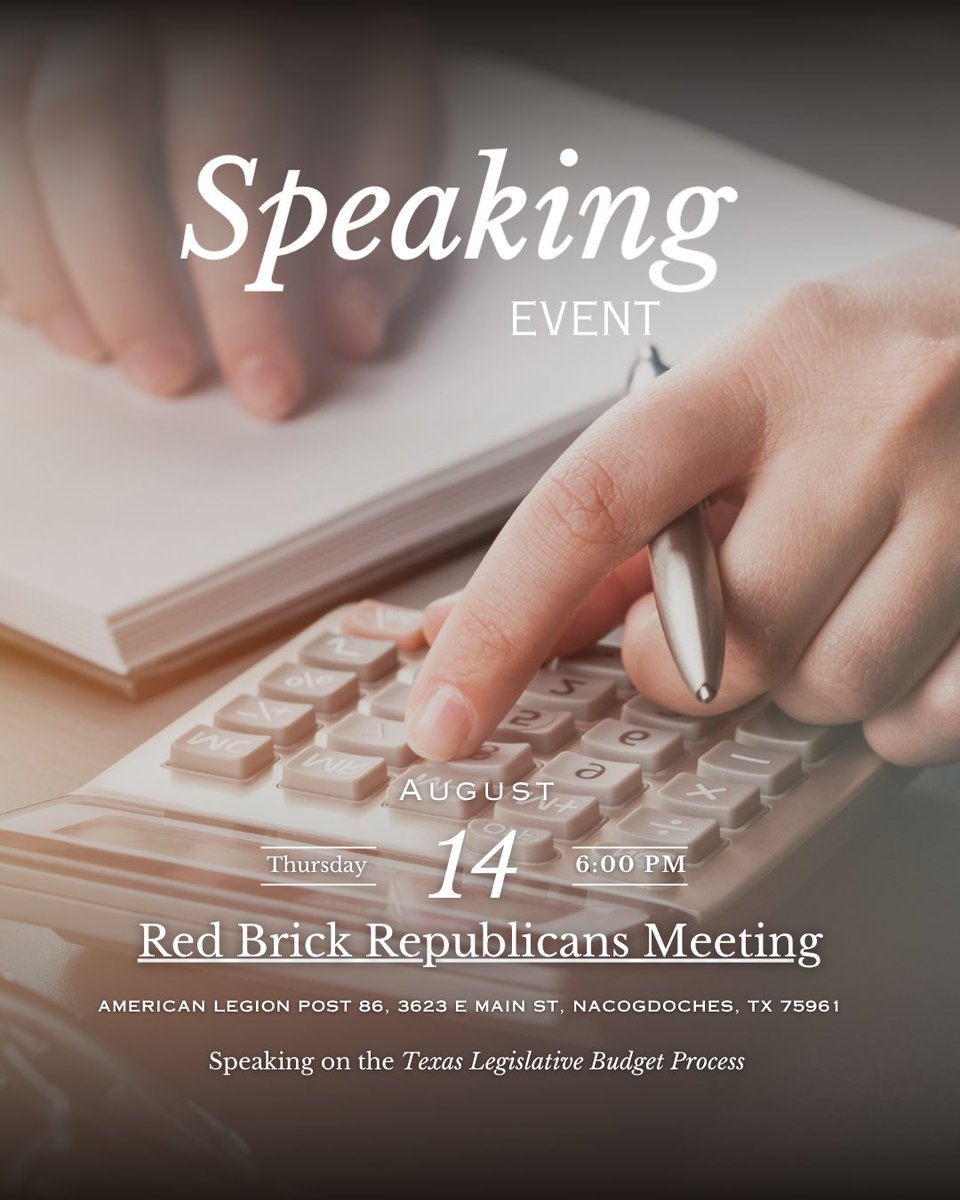 TXPolResearch's tweet image. Join us on August 14th for a deep dive into the Texas Legislative Budget Process!
⏰When: Thursday, August 14th, 2025 at 6:00pm
📍Where: American Legion post 86, 3623 E Main St, Nacogdoches, TX 75961