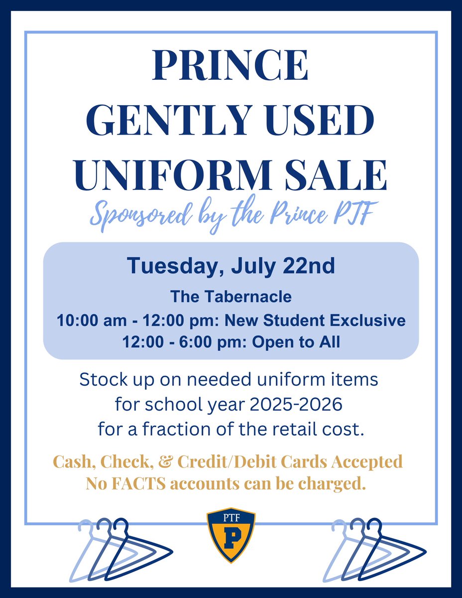 Parents, make plans now to shop tomorrow’s Gently Used Uniform Sale &amp; stock up on uniforms for a fraction of the retail cost. 

New Families Exclusive: 10:00 am - Noon.  
Open to everyone: Noon - 6:00 pm. 

Many thanks to our PTF volunteers for organizing this wonderful service.
