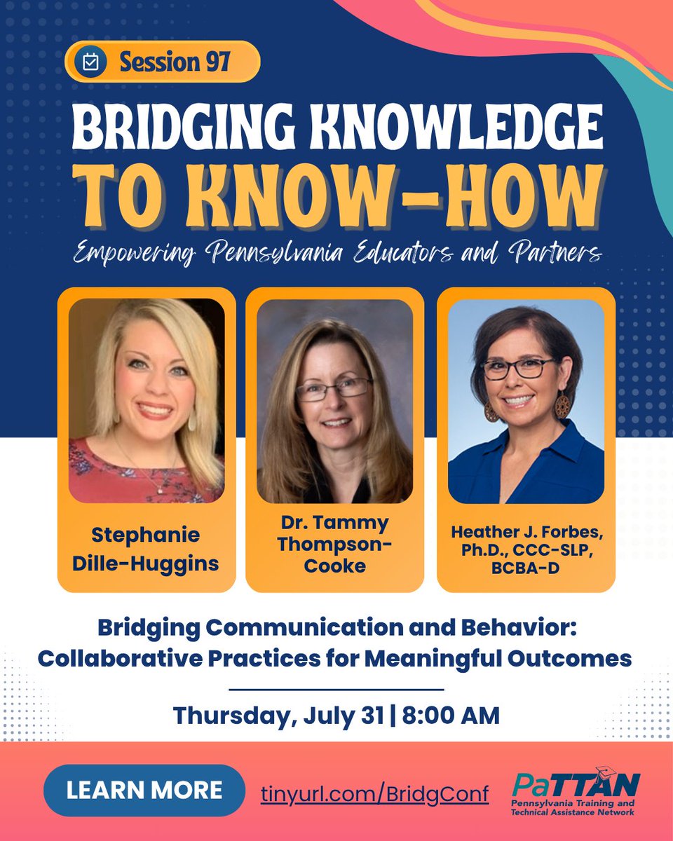 pattanupdates's tweet image. We’re back with more #BK2KH2025 session highlights on Thursday, July 31! 🎉
Don’t miss this panel with #AAC & #SLP #BCBA specialists to explore the intersections of communication & behavior 💡 tinyurl.com/BridgConf
#SecondaryTransition #Autism #SpecialEducationInPa