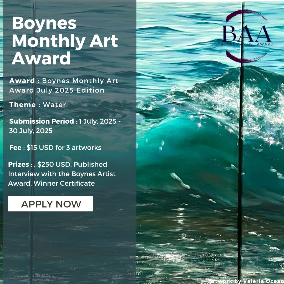 🌊 What does water mean to you?
A crashing wave, a quiet memory, a mirror of emotion?

The July Edition of the Boynes Monthly Art Award is now open — and this month’s theme is all about WATER.

🎨 Open to artists worldwide

boynesartistaward.com/monthly-art-aw…