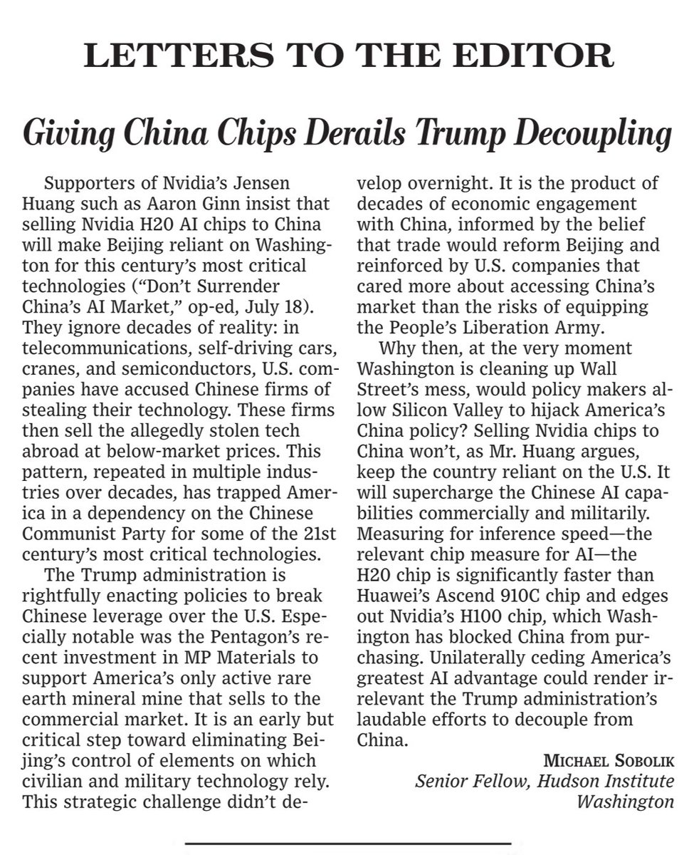 michaelsobolik's tweet image. Thanks to @WSJ for publishing my commentary in today’s newspaper about US-China tech competition:
“Unilaterally ceding America’s greatest AI advantage could render irrelevant the Trump administration’s laudable efforts to decouple from China.
