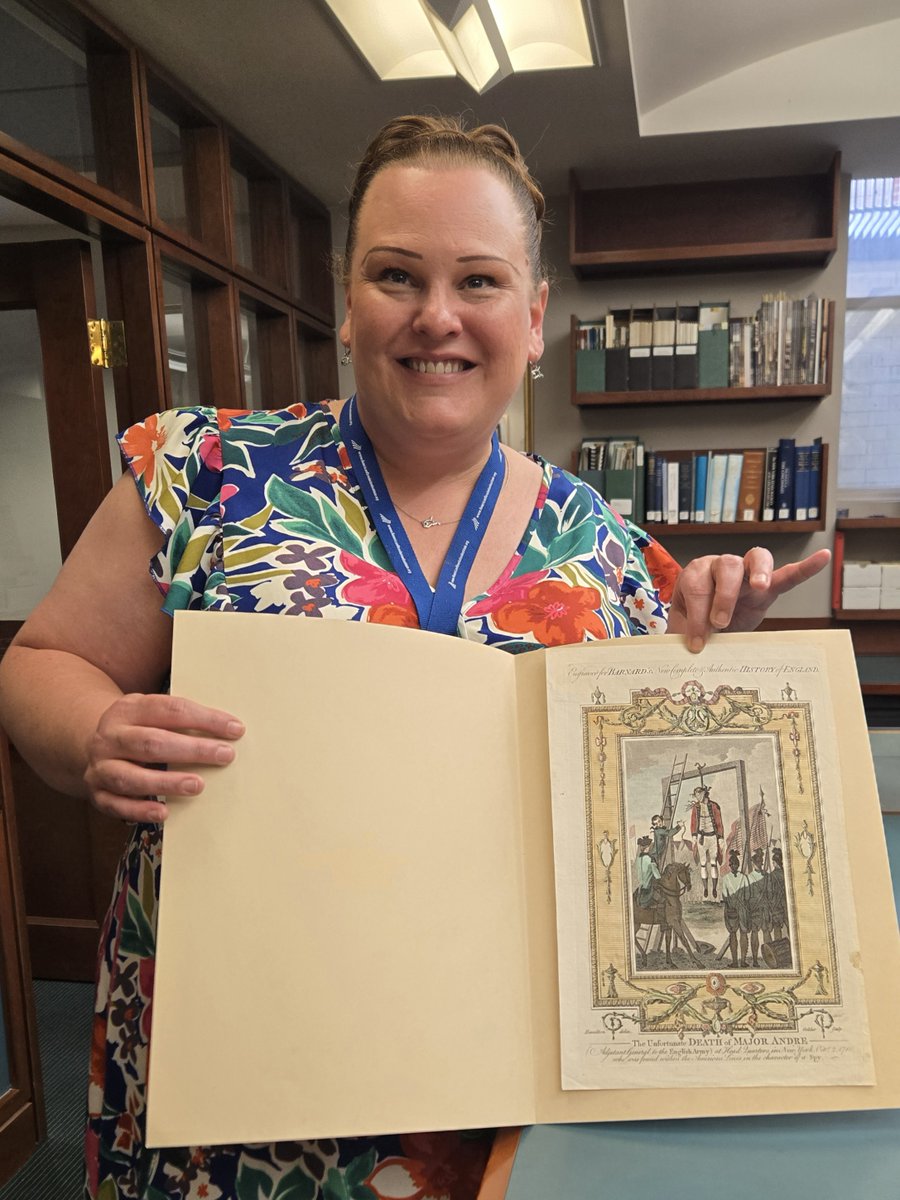 AmRevInstitute's tweet image. 2025 #WVEd master teacher Adena Barnette-Miller is pictured with an item she selected from our library collections to use in a lesson she is developing for her students at West Virginia’s Ripley H.S. titled “The Unfortunate Death of Major Andre.”