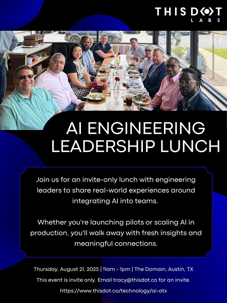 ThisDotLabs's tweet image. If you’ve ever wanted to sit down with other engineering leaders and just compare notes on AI—this is that moment.
We're hosting a private lunch in Austin where you can bring your own experiences, questions, and even frustrations to the table.
We’ll talk about tooling…