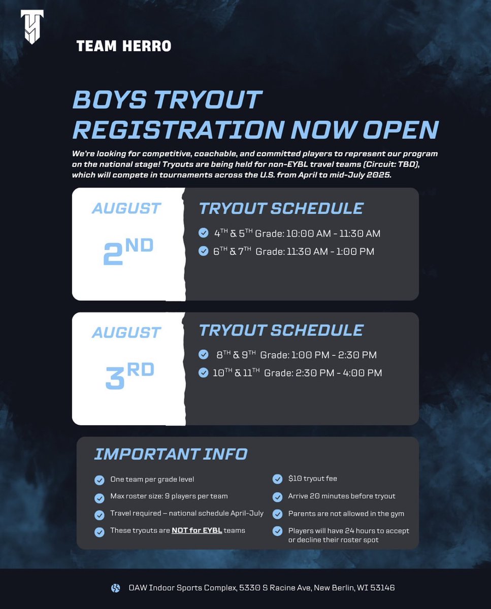 team_herro's tweet image. Last chance to register for trouts for our National teams. Looking for talented players to represent the program! Visit the link in our bio to secure your spot today π«