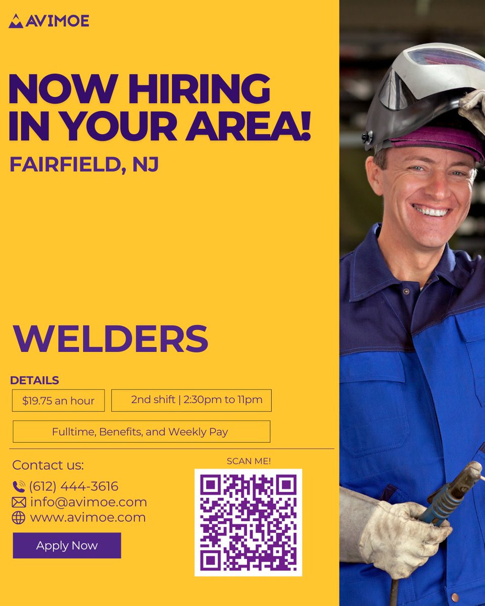 avimoe_wc's tweet image. Weld Your Skills into a Solid Career! 🔥
We’re hiring Weld Techs in Fairfield, NJ – 2nd shift, $19.75/hr, direct hire, weekly pay + full benefits from day one.
📞 (612) 444-3616 |  avimoe.com

#NowHiring #WeldTech #FairfieldNJ #DirectHire #SkilledTrades #JoinAvimoe