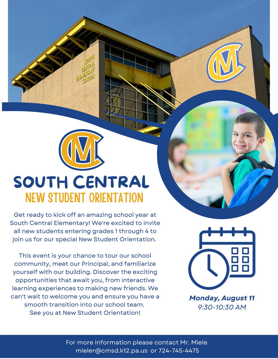 New to South Central Elementary? We can’t wait to meet you at our New Student Orientation on Monday, August 11 from 9:30–10:30 AM!

Tour the school, meet new friends, and get ready for a fantastic year!

#BigMacsBigPossibilities
#WeAreSouthCentral
