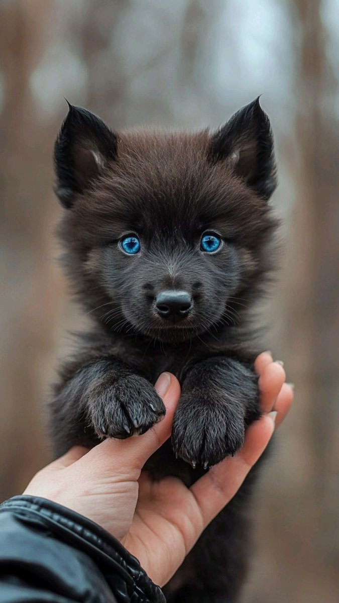 Lindo cachorro de lobo negro con ojos azules.\, image size:675x1200