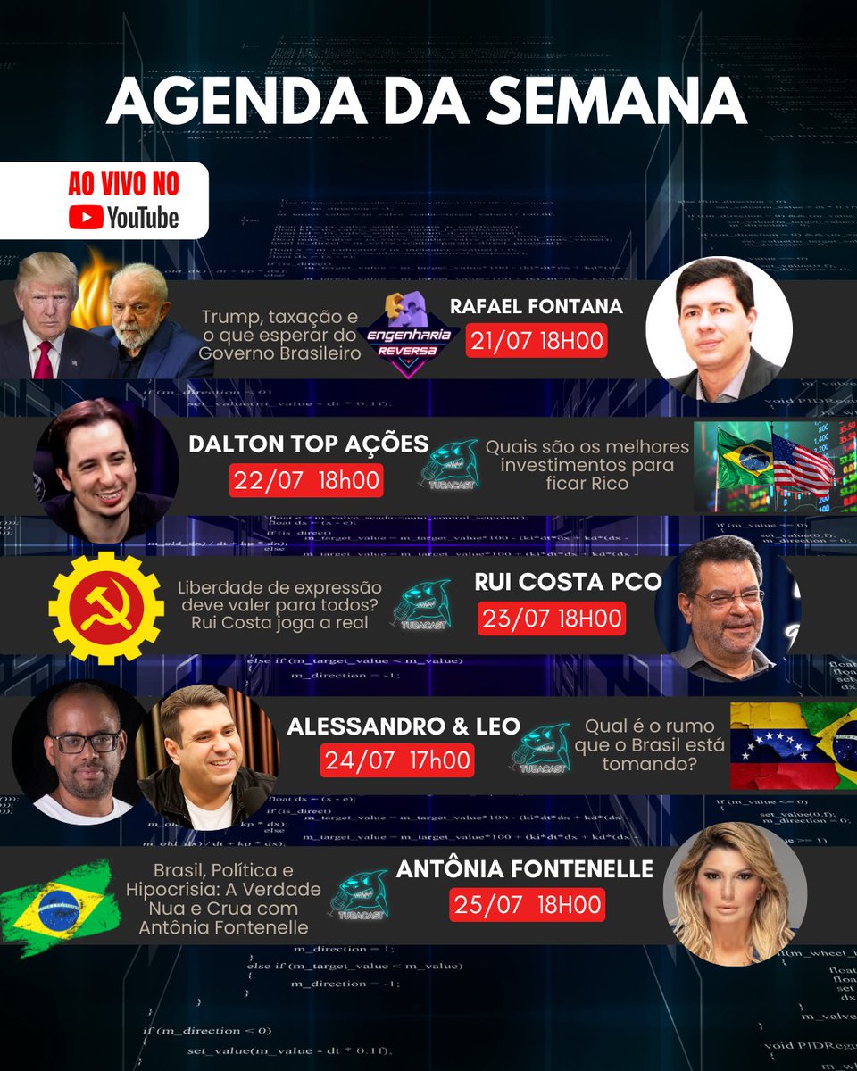 Tubacast's tweet image. 🔥 AGENDA EXPLOSIVA DA SEMANA! 🔥
Temas quentes, convidados de peso e debates que ninguém mais tem coragem de fazer!
📅 Confere o que vem aí no Tubarão da Bolsa:
📍 21/07 – @RafaelFontana e @CJBrEngLeo
Trump, taxação e o que esperar do Governo Brasileiro 🇺🇸🇧🇷
📍 22/07 – Dalton…