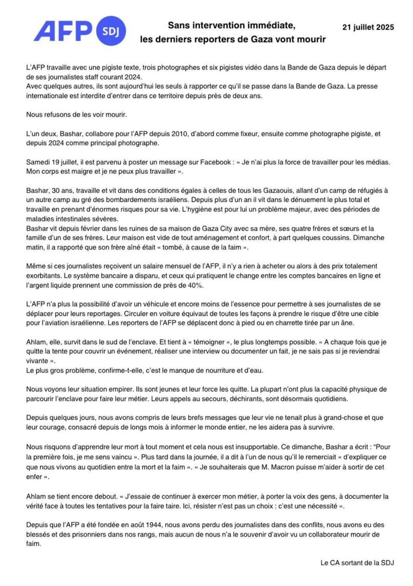 claudeelkhal's tweet image. “Sans intervention immédiate, les derniers reporters de Gaza vont mourir”
La famine imposée par Israël est si terrible que même l’AFP lance un cri d’alarme.