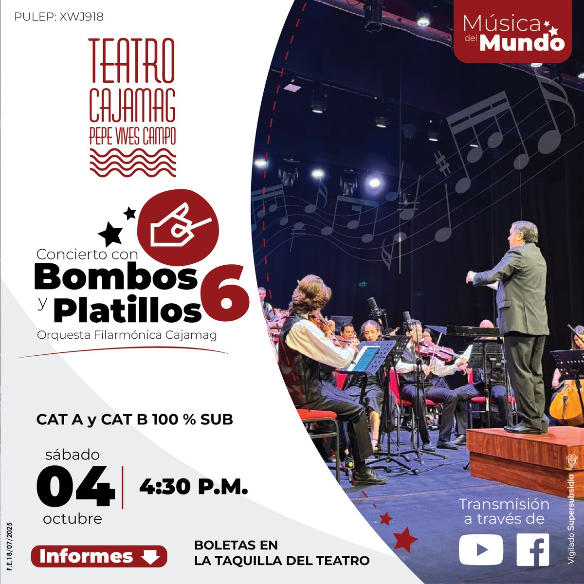 🎶 MÚSICA DEL MUNDO 🌍
🥁 Concierto: Bombos y Platillos 6

🗓 Sábado, 4 de octubre
🕢 Hora: 4:30 p.m.
📍 Teatro Cajamag
🎼 A cargo de la Orquesta Filarmónica Cajamag

INSCRÍBETE AQUÍ PARA VER TRANSMISIÓN EN VIVO
👉cajam.ag/bombosyplatill…

#Cajamag #somoscajamag #Cajamag67años