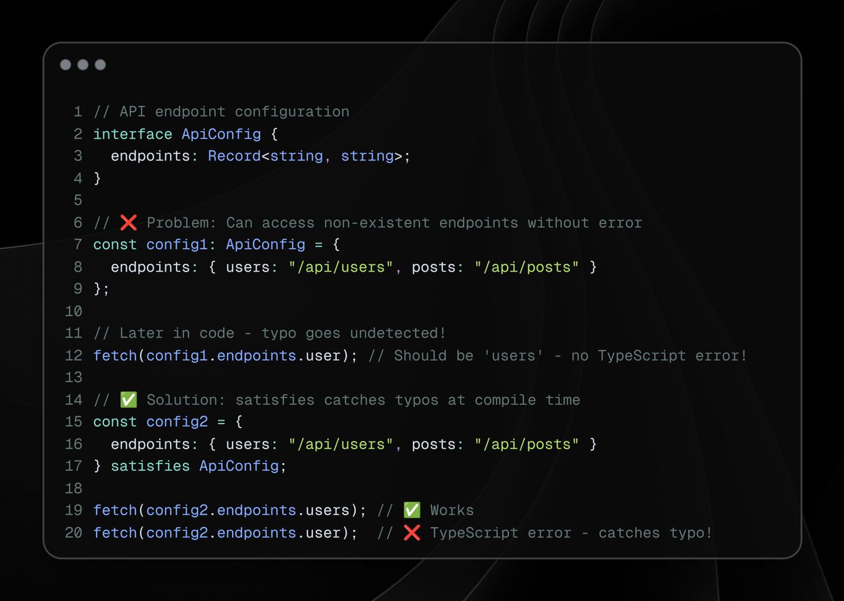 ⚡ TypeScript trick: 'satisfies' stops silent failures

See how it catches typos at compile time 👇