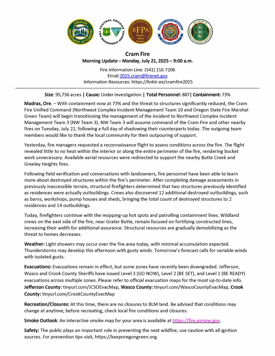 CentralORFire's tweet image. #CramFire Morning Update for July 21 is posted on Inciweb at inciweb.wildfire.gov/incident-publi…