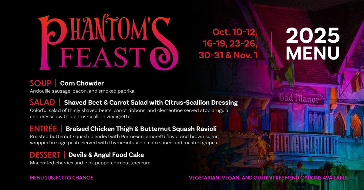 The Phantom’s Feast is back at MN Renaissance Festival! 👻 Check out our hauntingly delicious menu and reserve your seat now! etix.com/ticket/e/10505…    

Oct. 10-12, 16-19, 23-26, 30-31, Nov. 1.

#MNrenaissancefestival #OnlyAtMNRF #Huzzah #PhantomsFeast #FestivalFlavors