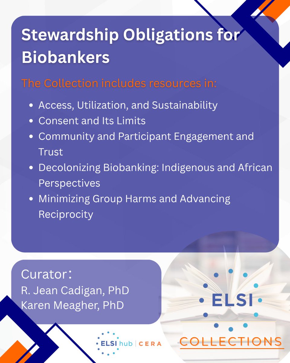 ELSIhub's tweet image. 📢 New ELSI Collections!
🧬 Stewardship Obligations for Biobankers
Biobank stewardship goes beyond sample management—it's also about sustainable access, ethical responsibility, and trust.
Explore ➡️ elsihub.org/collection/ste…
Curated by Jean Cadigan, PhD & Karen Meagher, PhD
