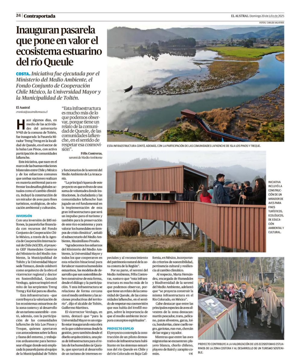 MMAChile's tweet image. El diario El Austral de La Araucanía destacó la inauguración de la pasarela Treng Treng en los humedales de Queule, comuna de Toltén. Una obra que une saberes lafkenche, protección ambiental e inversión pública con sentido. Más justicia ecológica y desarrollo local.💚🌿