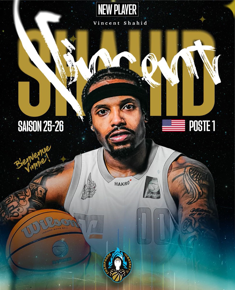 ChampBasketOff's tweet image. Vinnie SHAHID complète l’effectif du Champagne Basket 🚨
Le meneur de jeu US, Vincent « Vinnie » SHAHID (27 ans ; 1m80) arrive en Champagne pour la saison 2025/2026 et vient finaliser l’effectif 🏁
🗞️ champagne-basket.fr/actualite/vinn…
Welcome Vinnie ! 😃