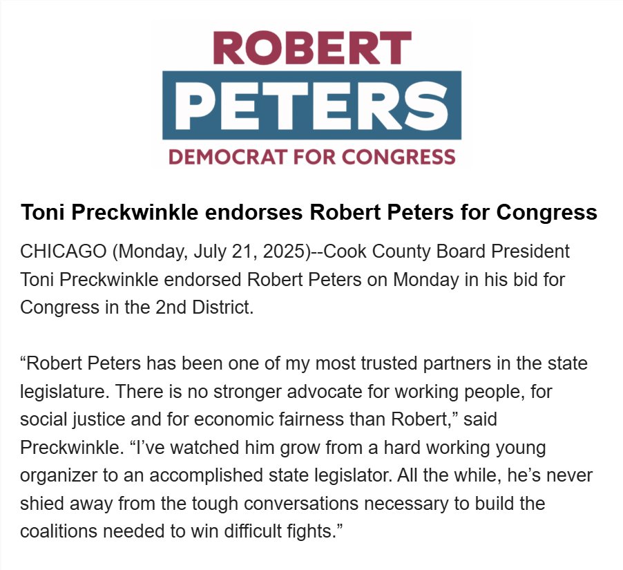 BenSzalinski's tweet image. New endorsement by Cook County Board President Toni Preckwinkle for @RobertJPeters in an increasingly interesting 2nd Congressional District race #twill