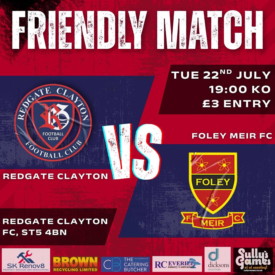 ⚽️ Redgate Clayton vs Foley Meir
📅 Tuesday 22th July
🕐 19:00 KO
🍔 Cafe &amp; Bar
🎫 £3 Entry
📍 Northwood Lane, Clayton, Newcastle-Under-Lyme, ST5 4BN

#upthegate