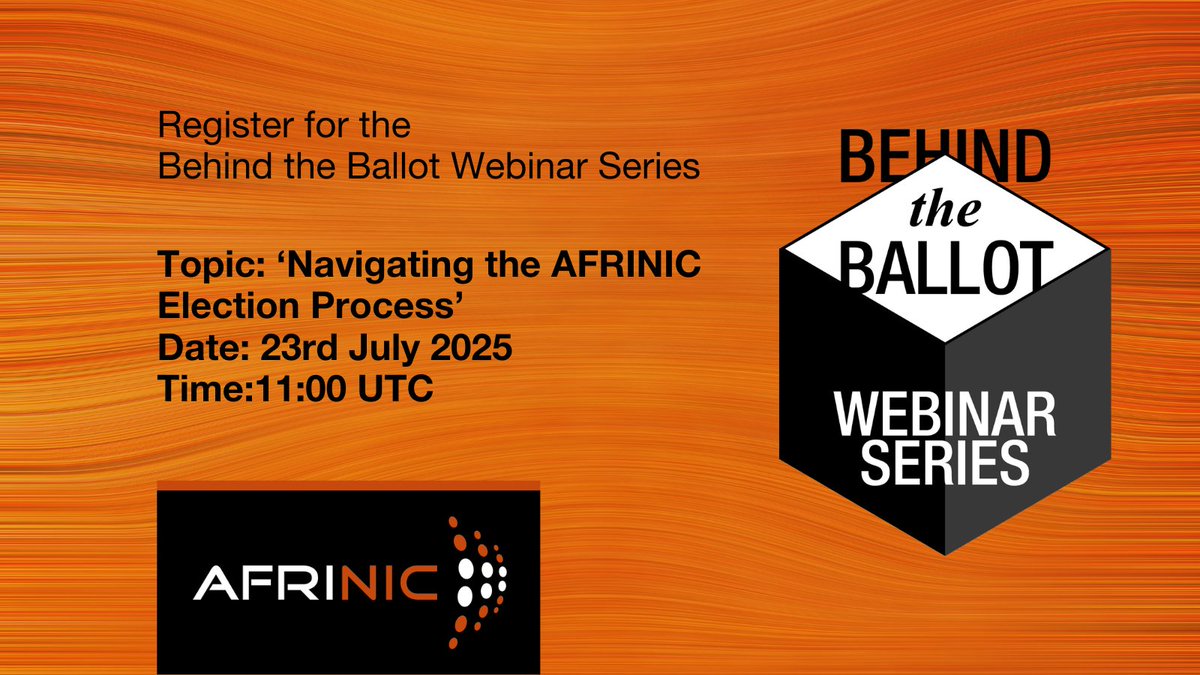 New to AFRINIC elections? Or returning but need clarity?
Join the first of a series of live webinars “Behind the Ballot” to explore how the 2025 elections will be safe, transparent, auditable, and above all accountable.
Register now&gt;&gt; t.ly/Q_-li-Election…