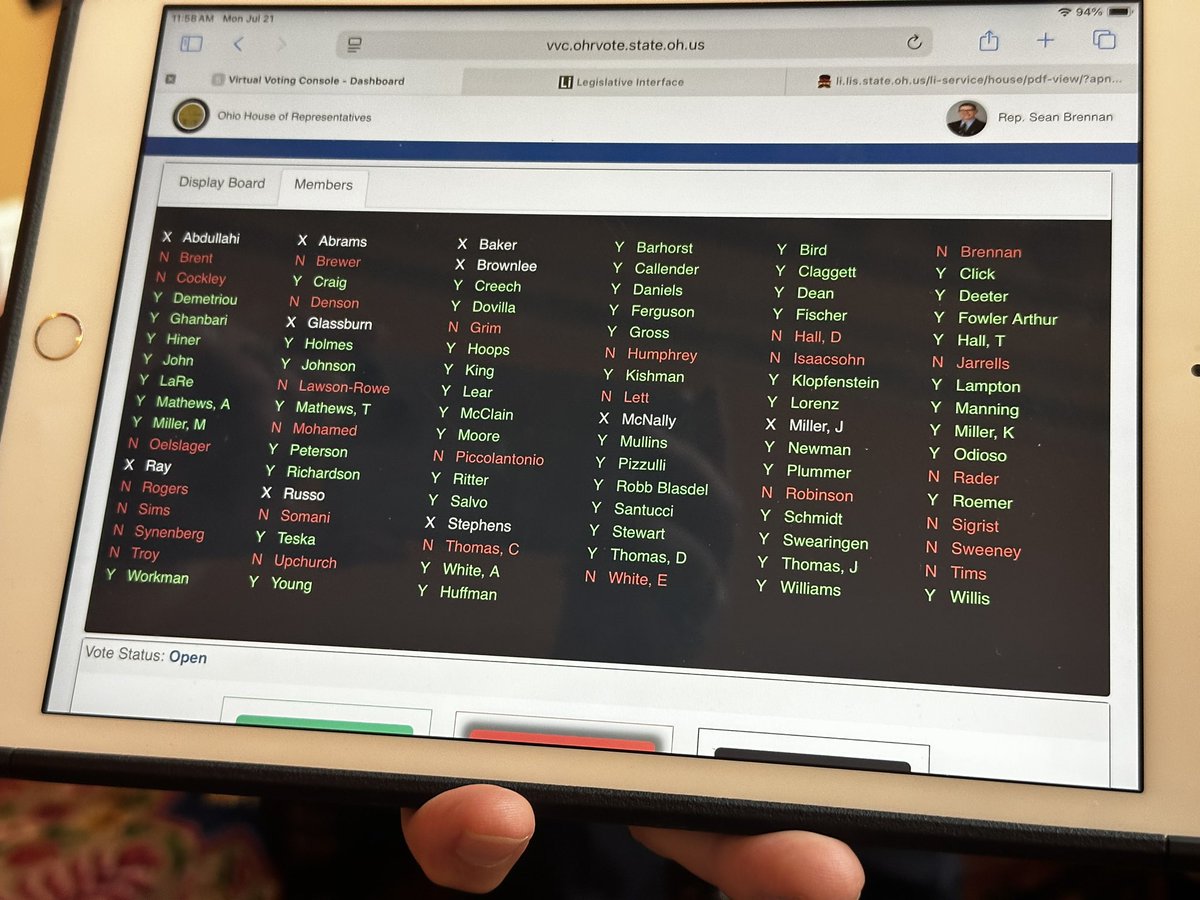 AnnaStaver's tweet image. This vote on the first override is a little chaotic. There seems to be some confusion with the iPad voting and some reps are voice voting. Here’s a screen shot of the vote count from a member’s iPad.