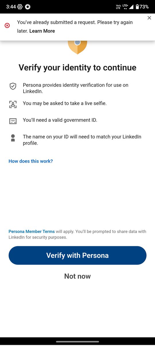 CoderShaswat's tweet image. I&apos;m currently unable to access my LinkedIn account. When attempting identity , I received the following message:

&quot;You’ve already submitted a request.
I’m unsure about the next step. Should I wait, or is there a way to escalate the request?
Would appreciate any guidance .🙏
