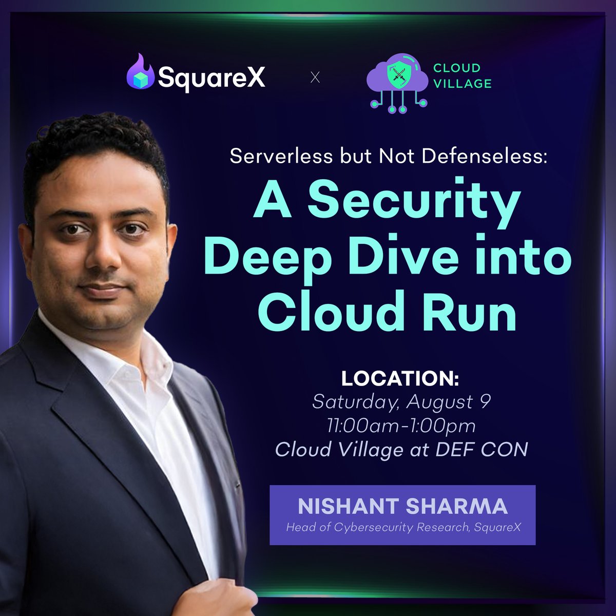 SquareX (@getsquarex) on Twitter photo Our Head of Security Research Nishant Sharma (<a href="/nishantsharmax/">Nishant Sharma</a>) will be conducting a 2-hour hands-on workshop "Serverless but Not Defenseless: A Security Deep Dive into Cloud Run" at @DEFCON 33's Cloud Village.
In our 2-hour workshop on August 9, "Serverless but Not Defenseless," Our Head of Security Research Nishant Sharma (<a href="/nishantsharmax/">Nishant Sharma</a>) will be conducting a 2-hour hands-on workshop "Serverless but Not Defenseless: A Security Deep Dive into Cloud Run" at @DEFCON 33's Cloud Village.
In our 2-hour workshop on August 9, "Serverless but Not Defenseless,"