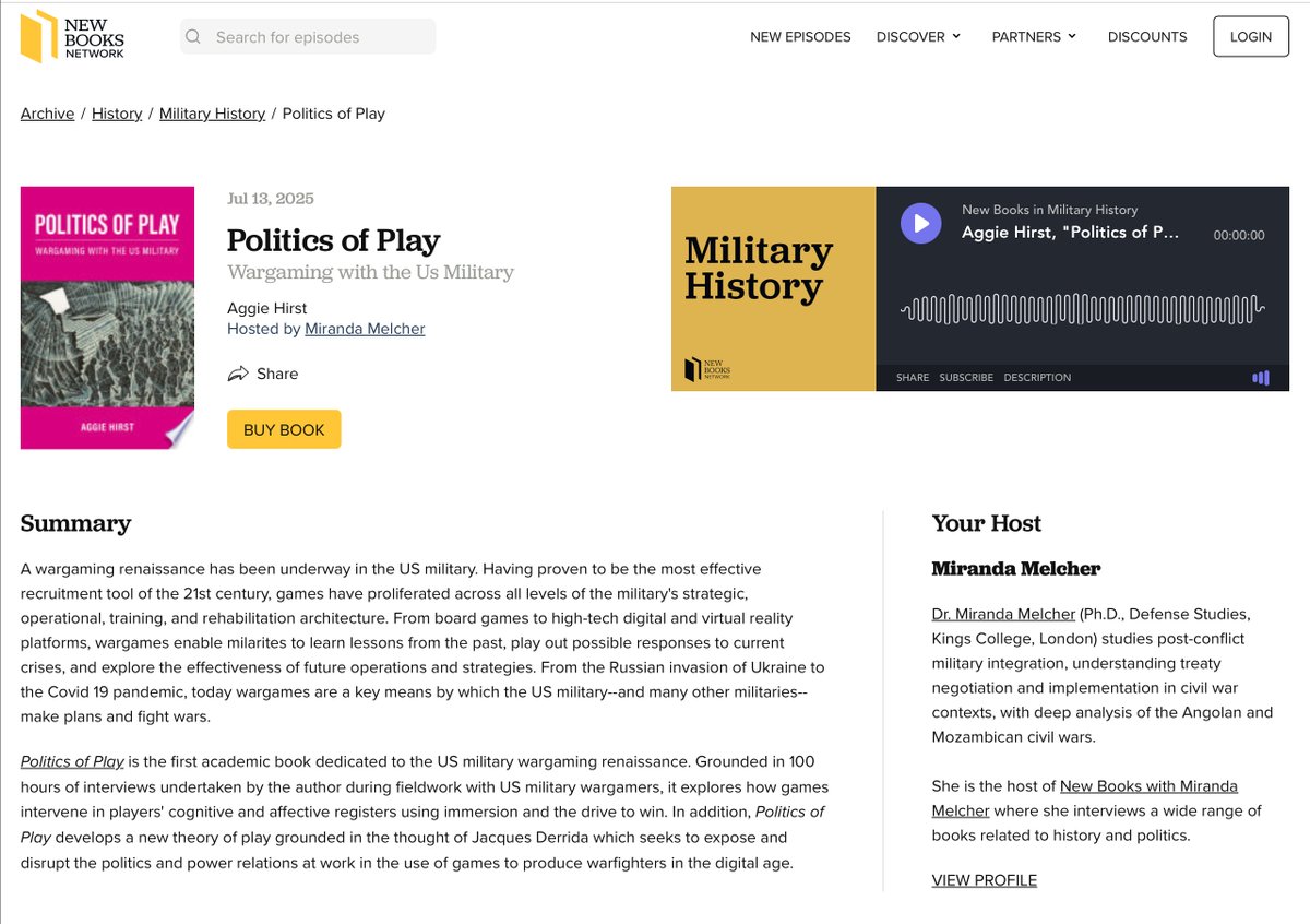 kclwargaming's tweet image. You can now listen to an exclusive interview about Dr Aggie Hirst’s latest book ‘Politics at Play: Wargaming with the U.S. Military’.
URL: newbooksnetwork.com/politics-of-pl…