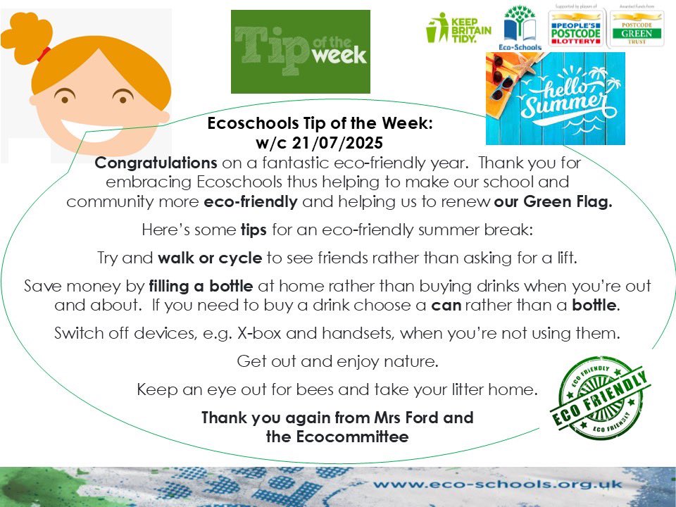 Final Eco-Committee Tip of the Week! We hope you all have an eco-friendly summer!! <a href="/EcoSchools/">Eco-Schools England</a>