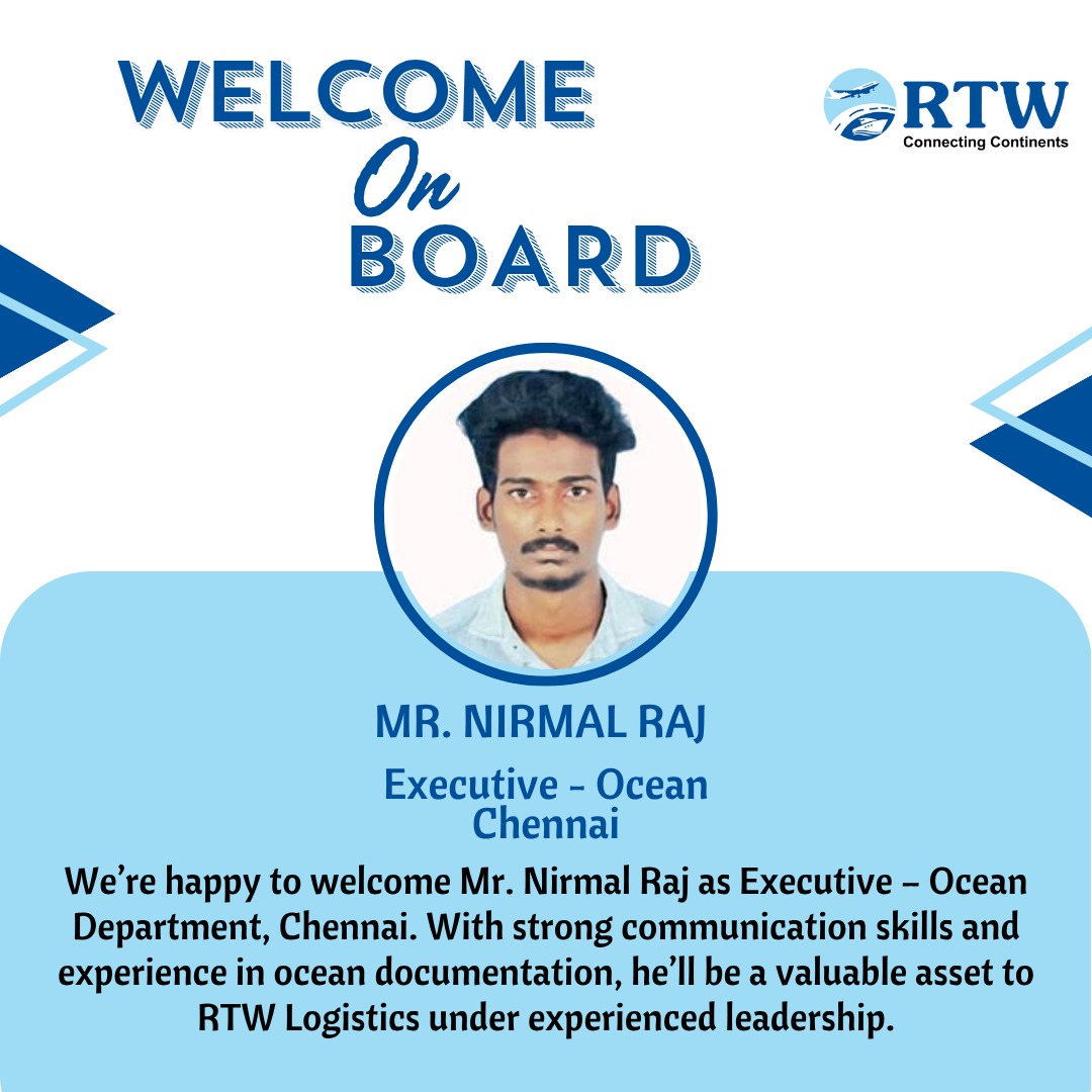 Welcome to the RTW Family! 

We’re excited to welcome Mr. Nirmal Raj (Executive – Ocean Department, Chennai) to our growing team!

#WelcomeOnBoard #RTWLogistics #TeamRTW #NewJoiner #LogisticsProfessionals #ChennaiTeam #OceanDepartment #ConnectingContinents