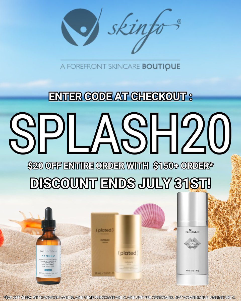 skinfo's tweet image. $20 OFF your whole online skinfo® order? Yep. Use SPLASH20 through July 31.
Min. $150 | One use per customer | Online only 🎯 Your Core 4 refresh just got cheaper: ow.ly/J5eQ50WsIQX

#SkinSale #AcneCare #RetinolRoutine