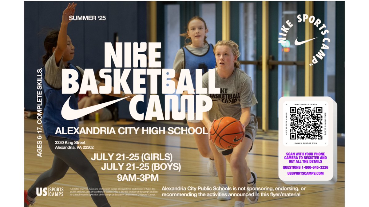 🏀Get ready to level up your game this summer! ACHS is hosting a Nike Basketball Camp from July 21–25, 9AM–3PM in the Main Gym. Open to boys and girls ages 6–17 of all skill levels.

📍 ACHS Main Gym
📅 July 21–25
⏰9AM–3PM
🔗 Scan the QR code to register and learn more!