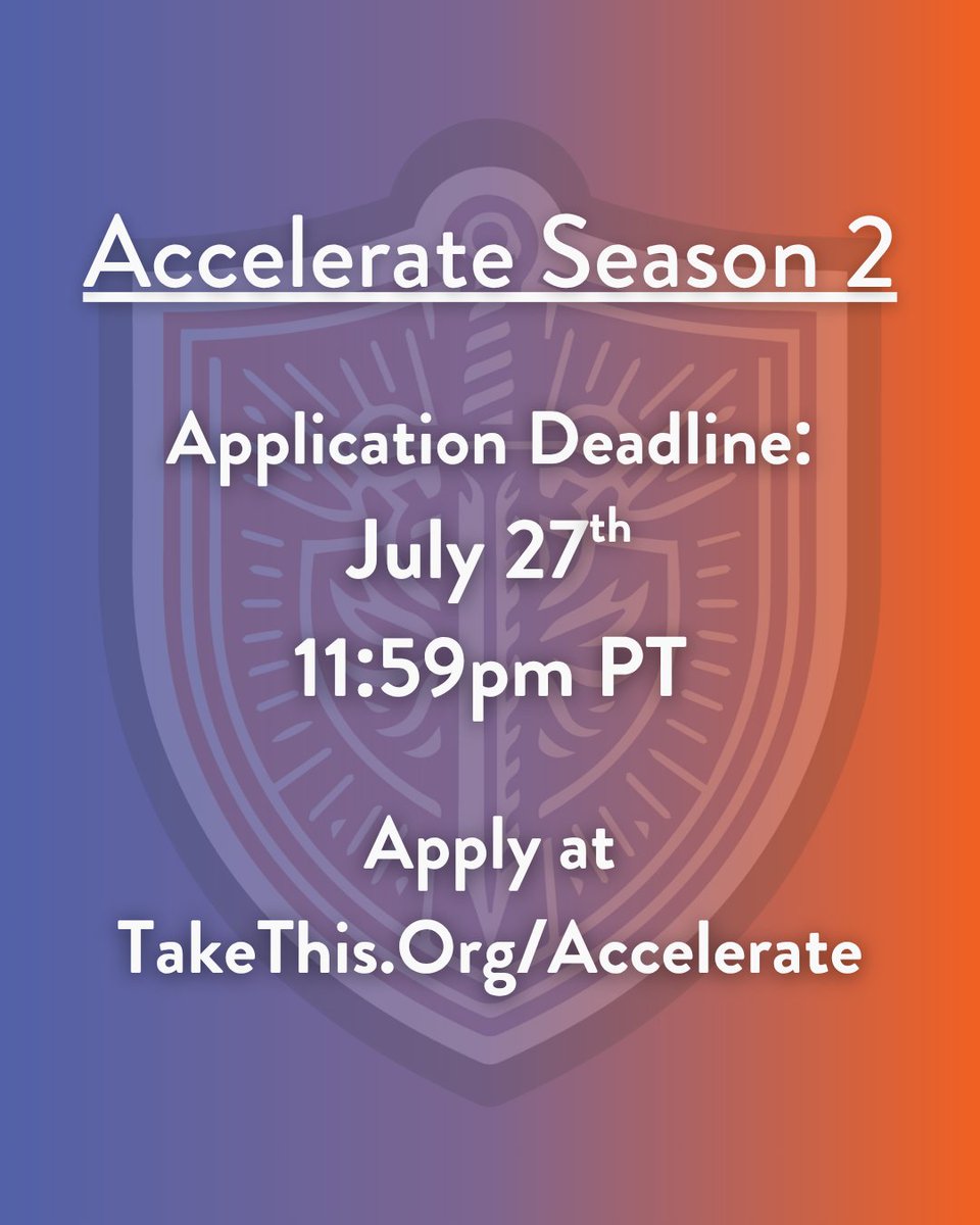 Take This (@takethisorg) on Twitter photo 🚨 REMINDER 🚨
This is the last week to apply for Accelerate Season 2! Applications will close at 11:59pm PT on Sunday, July 27th.
Lead funder <a href="/riotgames/">Riot Games</a> & Unlikely Collaborators power Accelerate Season 2, keeping it free and accessible.
Apply ➡️ takethis.org/accelerate 🚨 REMINDER 🚨
This is the last week to apply for Accelerate Season 2! Applications will close at 11:59pm PT on Sunday, July 27th.
Lead funder <a href="/riotgames/">Riot Games</a> & Unlikely Collaborators power Accelerate Season 2, keeping it free and accessible.
Apply ➡️ takethis.org/accelerate