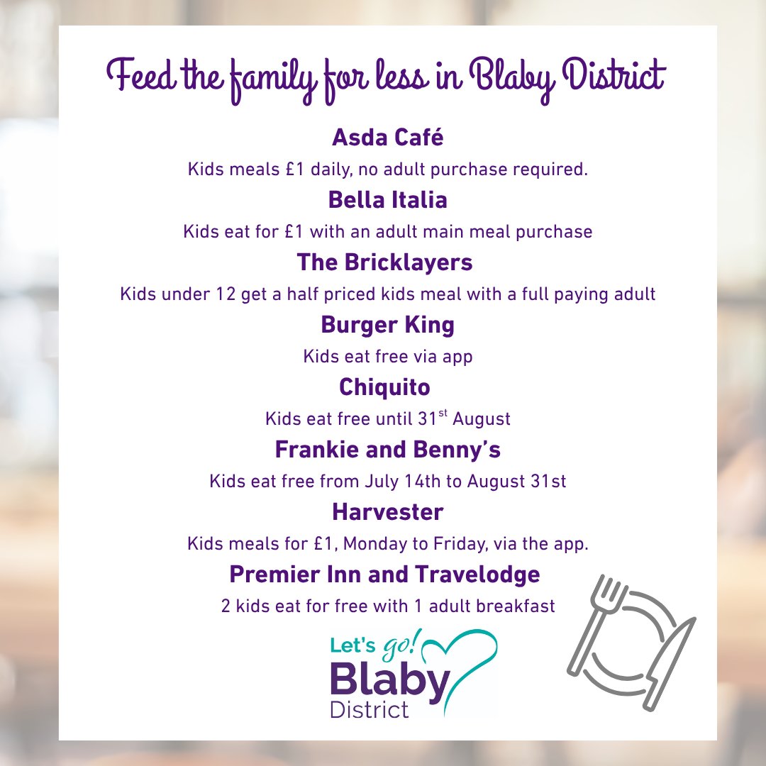 ☀️This summer feed the family for less in Blaby District 🍴

Check out our list of national restaurants that offer fantastic deals for kids*

👉 Find more great places to eat in the district at visitblaby.org.uk/food-and-drink

*Check conditions with each restaurant for full details.
