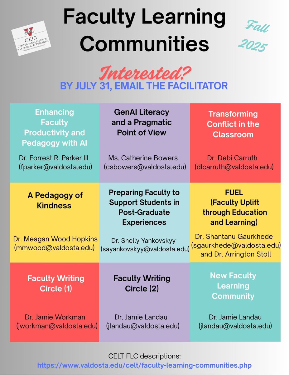 We have nine fascinating Faculty Learning Communities this fall. They cover an array of topics, from AI to the pedagogy of kindness and managing conflict in the classroom. Interested VSU faculty should email the facilitator by July 31: