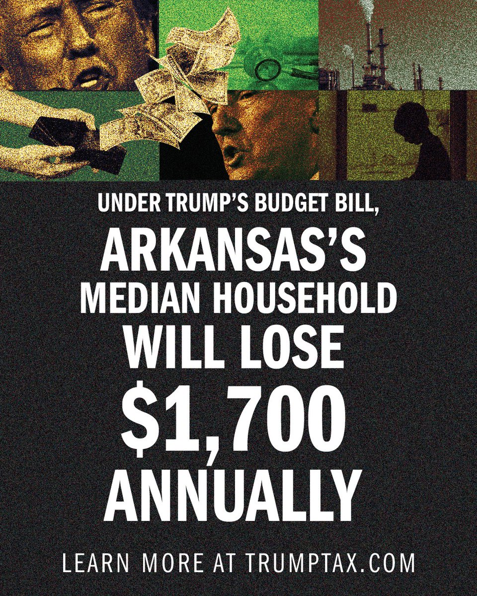 ArkDems's tweet image. 6️⃣ months into Trump’s second term:
Under Trump’s budget bill, the median household in Arkansas will lose nearly $750…
Combined with Trump’s reckless tariff agenda, the median household will lose nearly $1,700 annually 😳
Learn more at TrumpTax.com