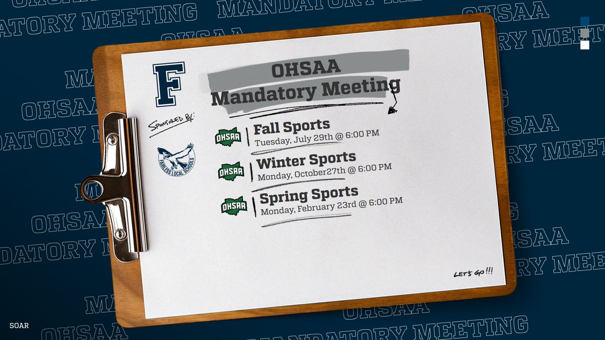 AthleticFalcons's tweet image. Fall Student Athletes &amp;amp; Parents - Our Mandatory OHSAA Meeting is coming up on Tuesday, July 29th @ 6:00 PM in the Performing Arts Center. One parent must attend with their student athlete. #SOAR #GoFalconsGo