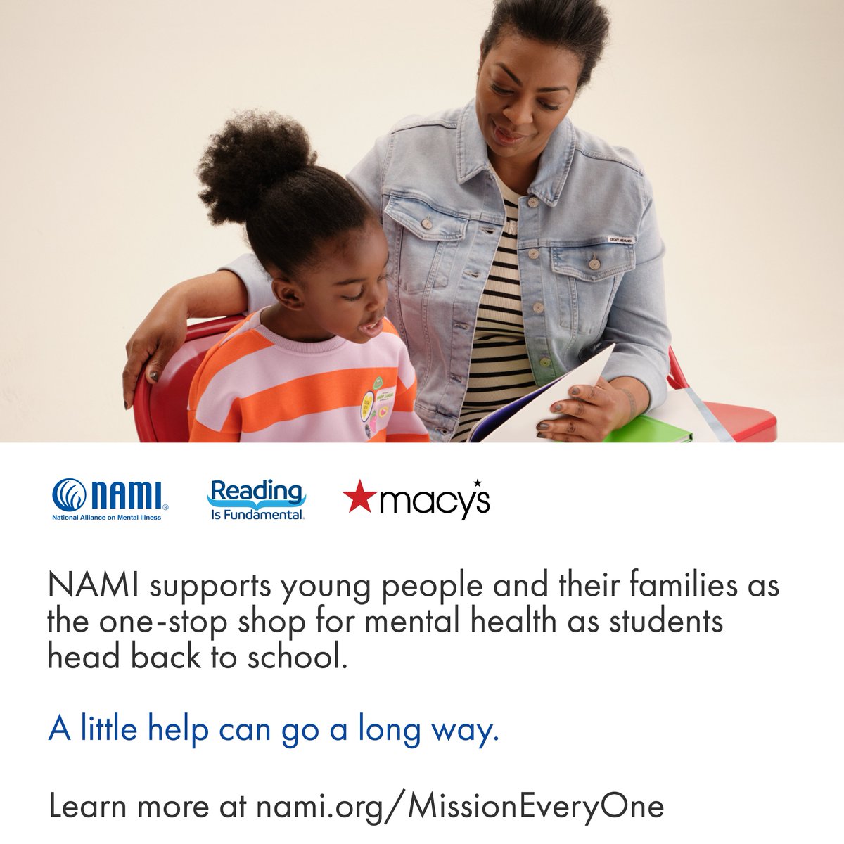 NAMICommunicate's tweet image. When you round up your @Macys purchase, you help more than you know.
Every donation at Macy’s through September 14 supports families and communities with tools for resilience, emotional learning, and literacy.
Together with @RIFWEB and Macy’s, we’re helping young people thrive.…