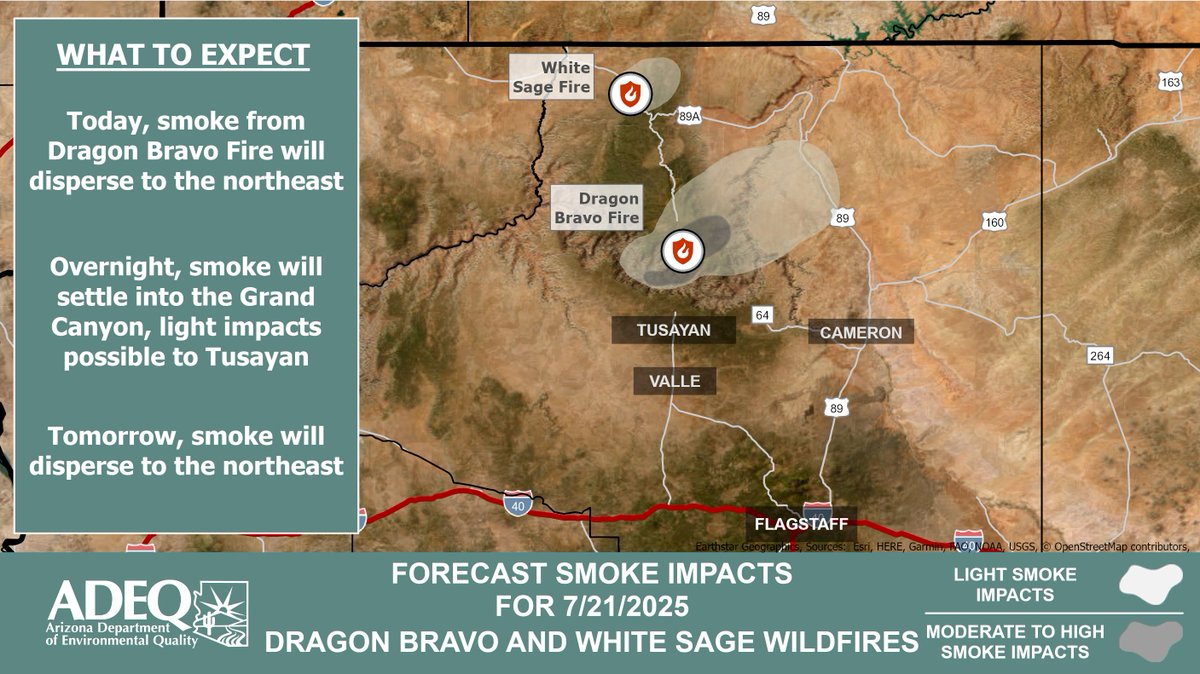 ArizonaDEQ's tweet image. 🚨ADEQ has UPDATED the #DragonBravo and #WhiteSage Wildfire Smoke Forecast.
See how #smoke is affecting your local community: #Tusayan #Cameron #Valle #Flagstaff 🔥
Learn More ➡️ azdeq.gov/wildfire/forec…
#AZFire #AZWildfire