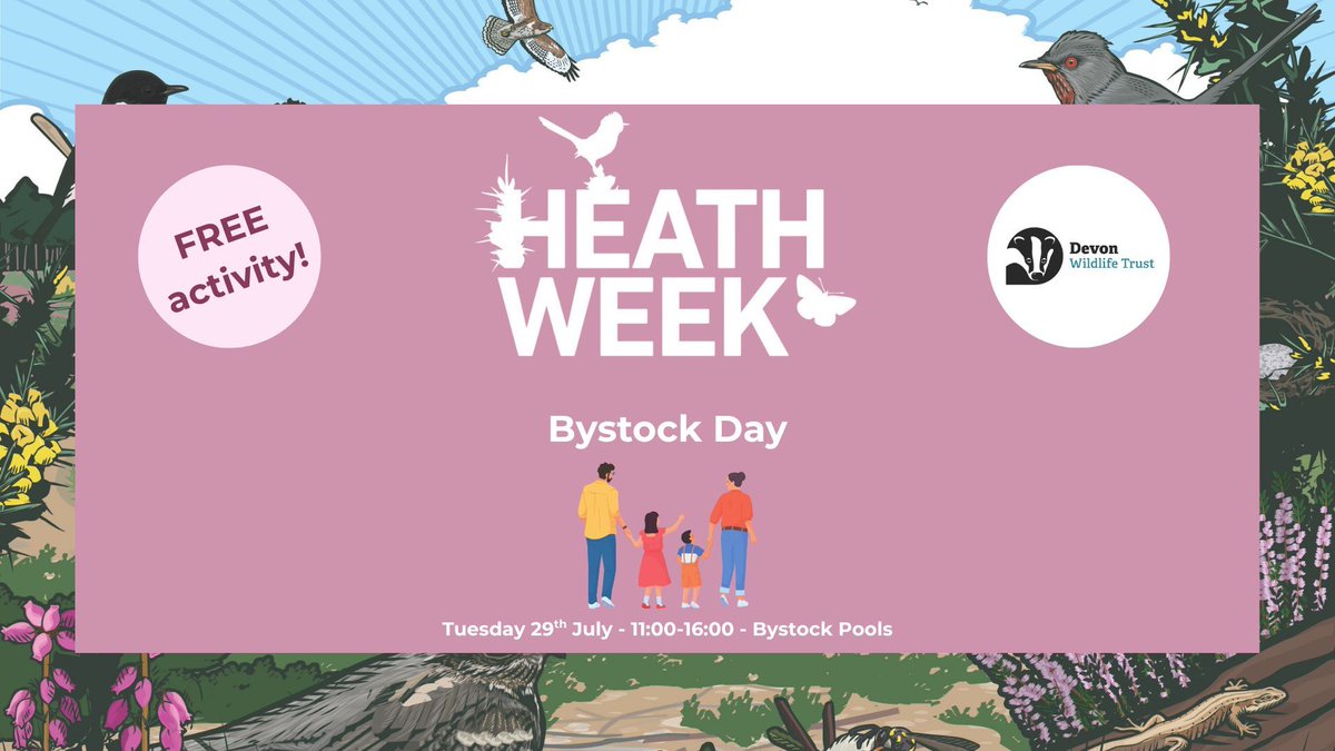 DevonWildlife's tweet image. Join us for a day of fun at our annual Bystock Day event on 27th July, with a range of activities from letterboxing, to pond dipping, and guided walks. 🦋 

This event is organised as part of Heath Week. Find out more and join Bystock Day 👇 
buff.ly/1WBoftu